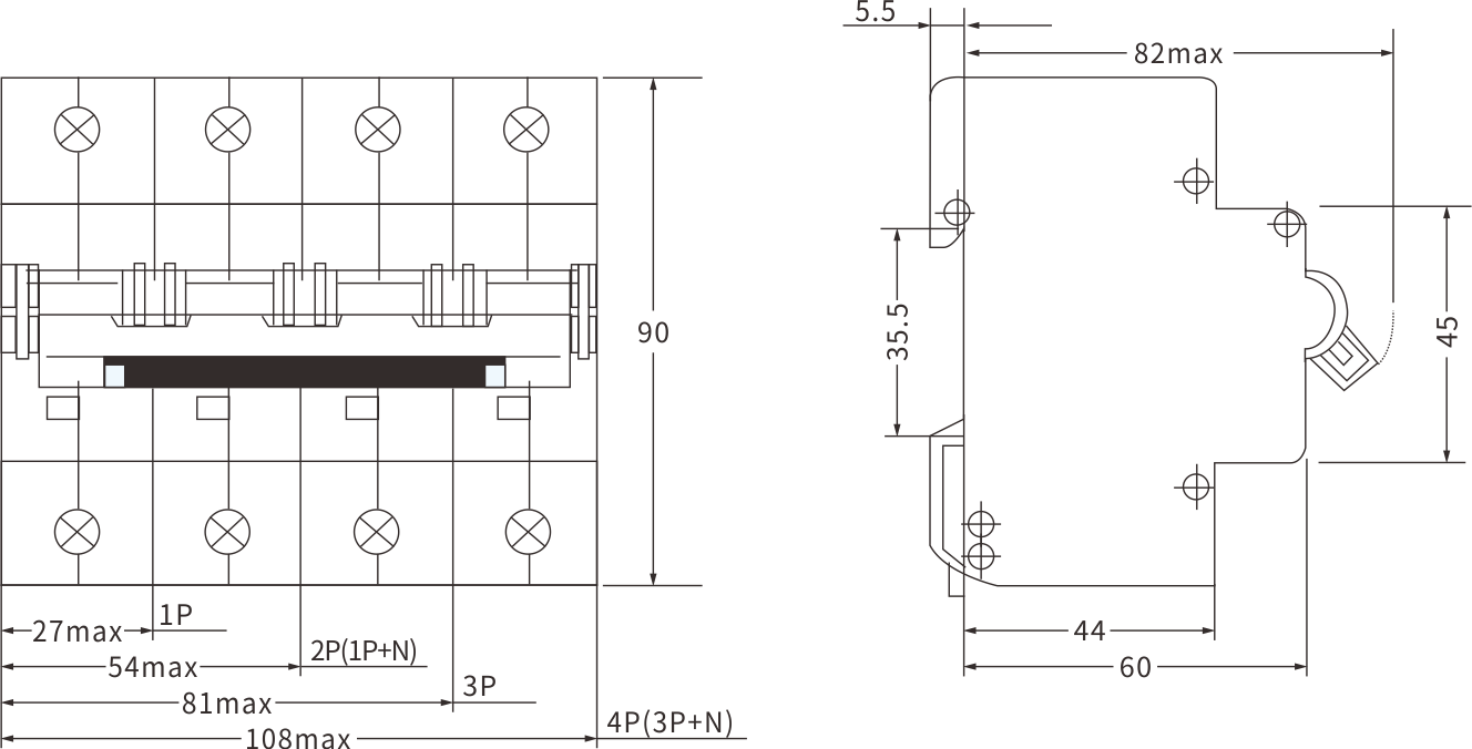 ETEK BIG Current MCB EKM1-125H Größe